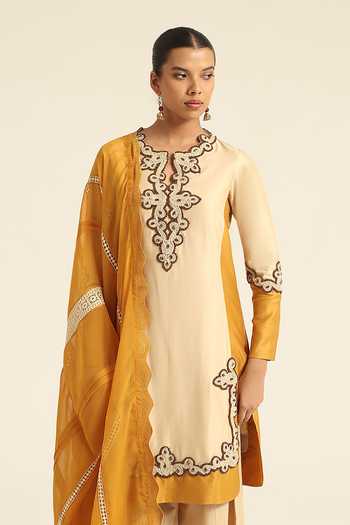 Buy_Poonam Dubey_Beige Organza, Georgette, Chanderi V-neck Soma Colorblock Kurta Pant Set _Online_at_Aza_Fashions