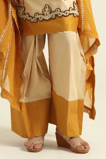 Shop_Poonam Dubey_Beige Organza, Georgette, Chanderi V-neck Soma Colorblock Kurta Pant Set _Online_at_Aza_Fashions