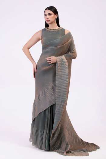 Buy_Preeti Mehta_Green Tissue Round Neck Metallic Moss Pre-draped Saree Set _at_Aza_Fashions