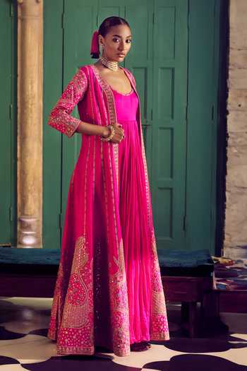 Buy_Punit Balana_Fuchsia Satin, Silk Sequins, Embroidery, Marodi Neckline Anarkali With Jacket _at_Aza_Fashions