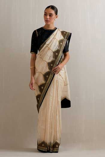 Buy_Priyal Prakash_Beige Silk Organza, Polyester Sequins, Colorblock Embroidered Saree With Blouse _at_Aza_Fashions
