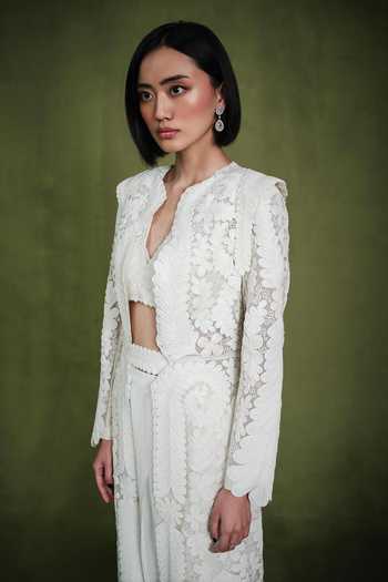 Pankaj & Nidhi_Ivory Tulle, Organza, Pearls High Conquistador Jacket Draped Pant Set _Online_at_Aza_Fashions