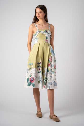 Buy_Ranna Gill_Olive Green Linen, Viscose Square Neck Marie Scallop Midi Dress _at_Aza_Fashions