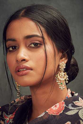 Shop_Maisara Jewelry_Gold Plated Finish Jadau Floral Earrings _at_Aza_Fashions