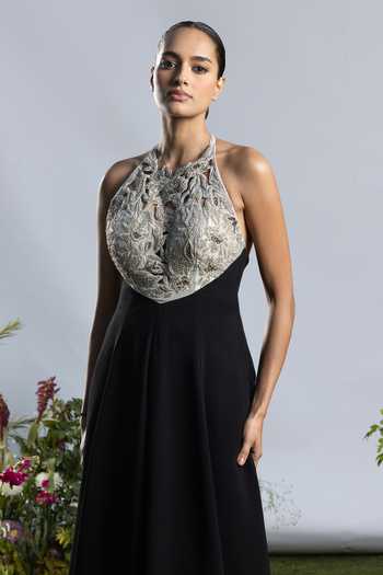 Amrta By Guneet Kondal_Black Crepe, Viscose, Shantoon Embroidery, Cut Work Halter Moonlit Noir Gown _Online_at_Aza_Fashions