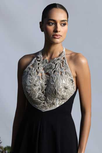 Buy_Amrta By Guneet Kondal_Black Crepe, Viscose, Shantoon Embroidery, Cut Work Halter Moonlit Noir Gown _Online_at_Aza_Fashions