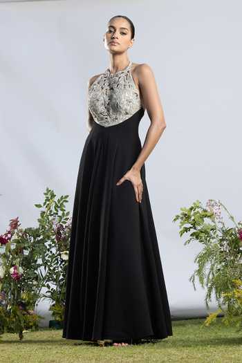 Amrta By Guneet Kondal_Black Crepe, Viscose, Shantoon Embroidery, Cut Work Halter Moonlit Noir Gown _at_Aza_Fashions