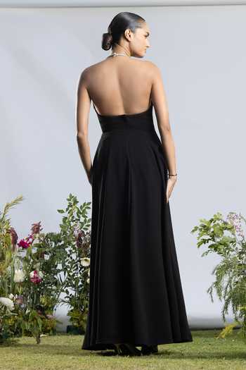 Shop_Amrta By Guneet Kondal_Black Crepe, Viscose, Shantoon Embroidery, Cut Work Halter Moonlit Noir Gown _at_Aza_Fashions