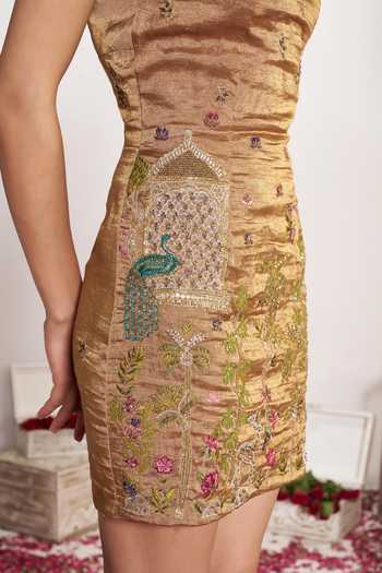 Amrta By Guneet Kondal_Gold Silk, Tissue Bandeau Neck Pichwai Embroidered Dress _at_Aza_Fashions