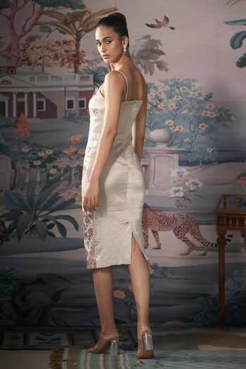 Shop_Amrta By Guneet Kondal_Silver Silk, Tissue Sweetheart Neck Pichwai Lotus Embroidered Dress _at_Aza_Fashions