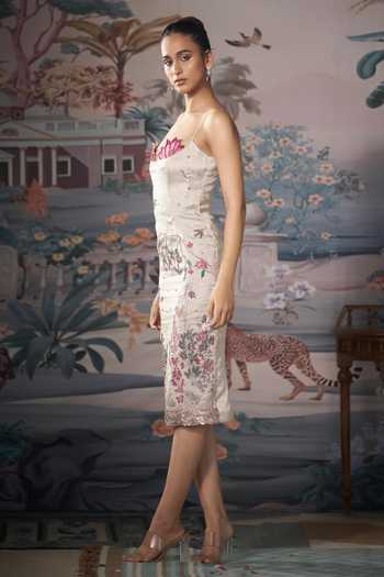 Buy_Amrta By Guneet Kondal_Silver Silk, Tissue Sweetheart Neck Pichwai Lotus Embroidered Dress _Online_at_Aza_Fashions
