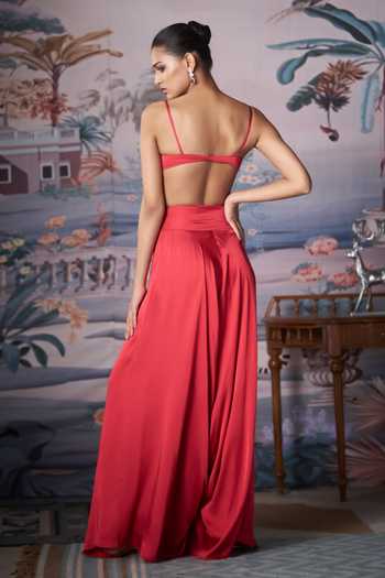 Shop_Amrta By Guneet Kondal_Red Satin Square Neck Embroidered Blouse And Palazzo Set _at_Aza_Fashions