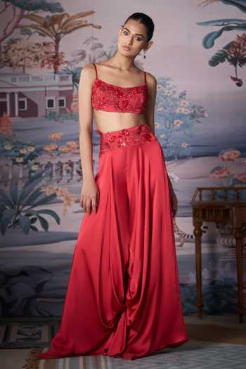 Buy_Amrta By Guneet Kondal_Red Satin Square Neck Embroidered Blouse And Palazzo Set _at_Aza_Fashions