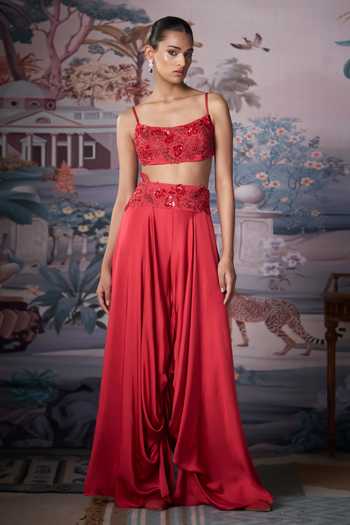 Amrta By Guneet Kondal_Red Satin Square Neck Embroidered Blouse And Palazzo Set _Online_at_Aza_Fashions