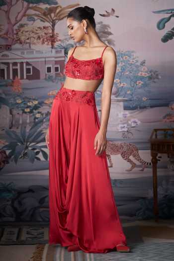 Buy_Amrta By Guneet Kondal_Red Satin Square Neck Embroidered Blouse And Palazzo Set _Online_at_Aza_Fashions