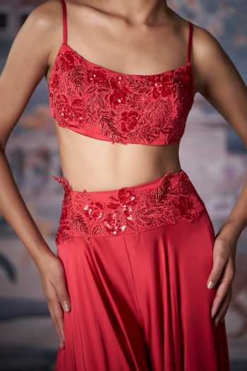 Shop_Amrta By Guneet Kondal_Red Satin Square Neck Embroidered Blouse And Palazzo Set _Online_at_Aza_Fashions