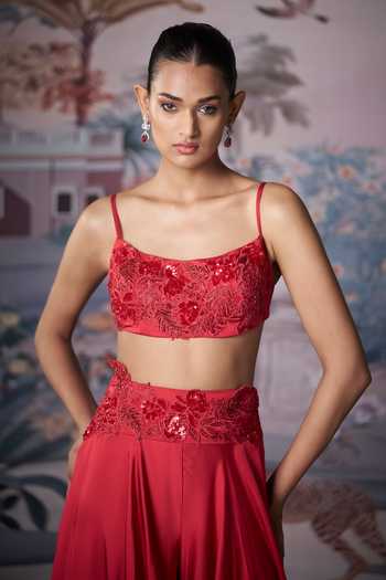 Amrta By Guneet Kondal_Red Satin Square Neck Embroidered Blouse And Palazzo Set _at_Aza_Fashions