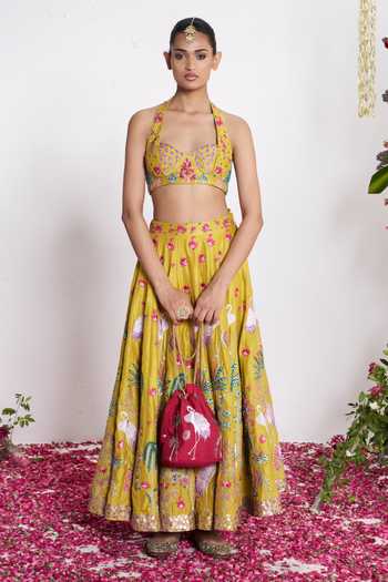 Amrta By Guneet Kondal_Yellow Silk Halter Neck Pichwai Embroidered Lehenga And Blouse Set _at_Aza_Fashions