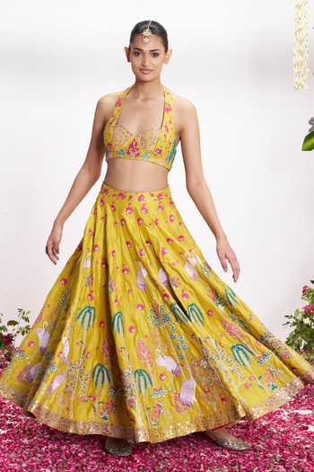 Buy_Amrta By Guneet Kondal_Yellow Silk Halter Neck Pichwai Embroidered Lehenga And Blouse Set _at_Aza_Fashions