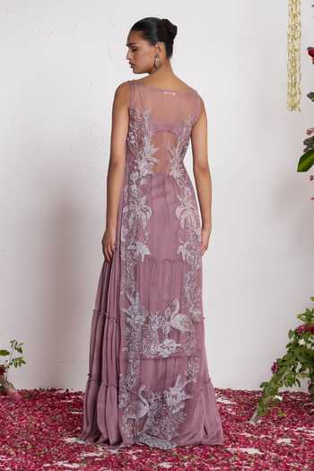 Shop_Amrta By Guneet Kondal_Purple Organza, Chinon, Shantoon Round Neck Embroidered Kurta And Sharara Set _at_Aza_Fashions
