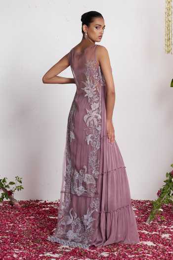 Shop_Amrta By Guneet Kondal_Purple Organza, Chinon, Shantoon Round Neck Embroidered Kurta And Sharara Set _Online_at_Aza_Fashions