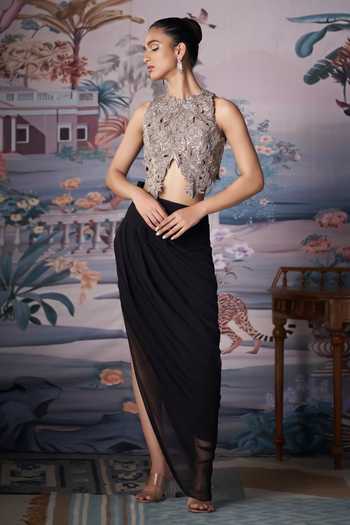 Amrta By Guneet Kondal_Beige Silk, Chiffon High Neck Cutwork Embroidered Blouse And Skirt Set _Online_at_Aza_Fashions