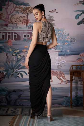 Shop_Amrta By Guneet Kondal_Beige Silk, Chiffon High Neck Cutwork Embroidered Blouse And Skirt Set _at_Aza_Fashions