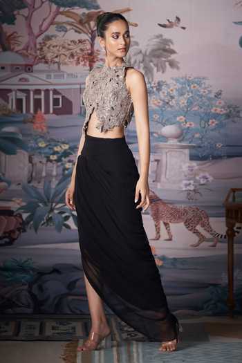 Buy_Amrta By Guneet Kondal_Beige Silk, Chiffon High Neck Cutwork Embroidered Blouse And Skirt Set _Online_at_Aza_Fashions