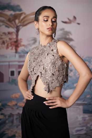 Shop_Amrta By Guneet Kondal_Beige Silk, Chiffon High Neck Cutwork Embroidered Blouse And Skirt Set _Online_at_Aza_Fashions