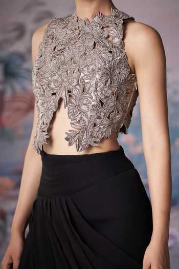Buy_Amrta By Guneet Kondal_Beige Silk, Chiffon High Neck Cutwork Embroidered Blouse And Skirt Set 