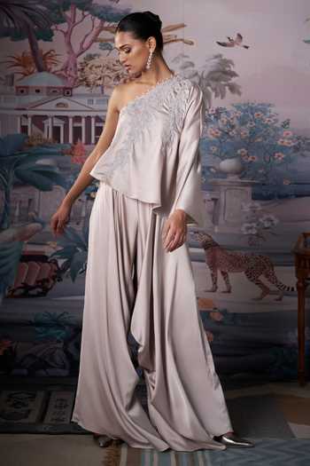 Amrta By Guneet Kondal_Ivory Satin One Shoulder Embroidered Draped Top And Pant Set _Online_at_Aza_Fashions