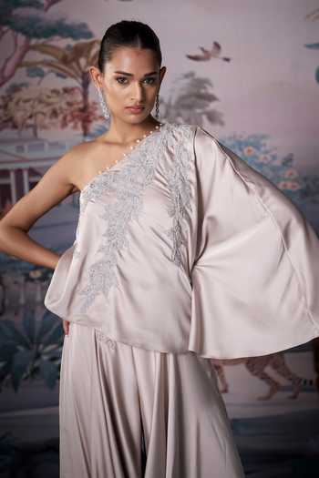 Amrta By Guneet Kondal_Ivory Satin One Shoulder Embroidered Draped Top And Pant Set _at_Aza_Fashions
