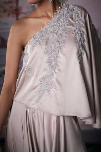 Buy_Amrta By Guneet Kondal_Ivory Satin One Shoulder Embroidered Draped Top And Pant Set 