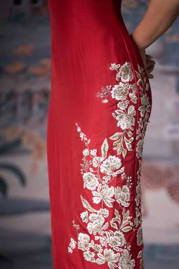 Shop_Amrta By Guneet Kondal_Red Silk Square Neck Scarlet Bloom Embroidered Midi Dress _Online_at_Aza_Fashions