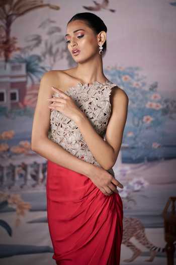 Buy_Amrta By Guneet Kondal_Silver Silk, Satin One Shoulder Embroidered Bustier With Draped Skirt _Online_at_Aza_Fashions