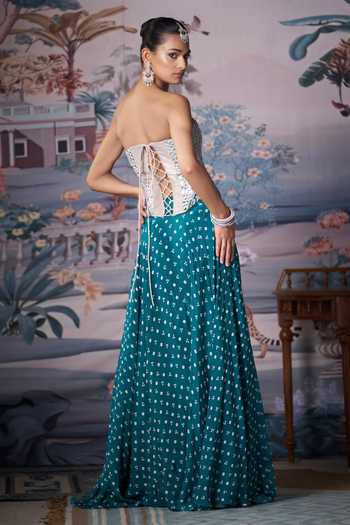 Shop_Amrta By Guneet Kondal_Silver Chinon Mirrors Sweetheart Neck Work Corset And Lehenga Set _at_Aza_Fashions