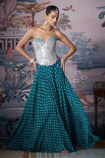 Buy_Amrta By Guneet Kondal_Silver Chinon Mirrors Sweetheart Neck Work Corset And Lehenga Set _at_Aza_Fashions