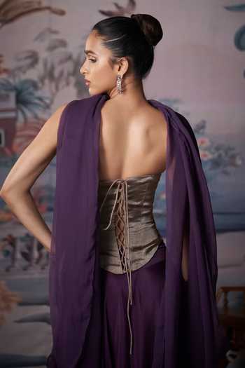 Amrta By Guneet Kondal_Gold Silk, Tissue, Chinon Sequins, Mirrors Plum Embroidered Corset Lehenga Set _Online_at_Aza_Fashions