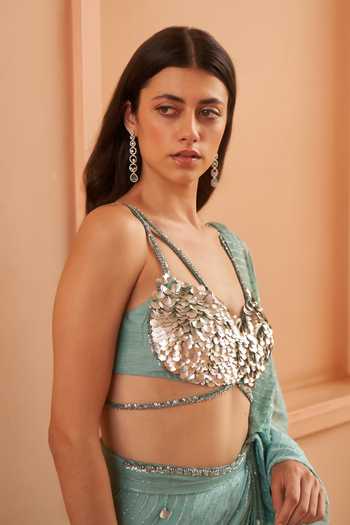 Shop_Amrta By Guneet Kondal_Blue Chiffon, Silk V-neck Bitten By Embroidered Pre-draped Saree Set _Online_at_Aza_Fashions
