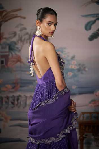 Amrta By Guneet Kondal_Purple Silk, Georgette Halter Neck Bandhani Print Anarkali With Dupatta _Online_at_Aza_Fashions