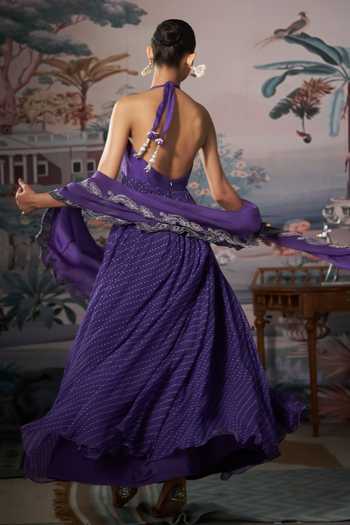 Shop_Amrta By Guneet Kondal_Purple Silk, Georgette Halter Neck Bandhani Print Anarkali With Dupatta _at_Aza_Fashions