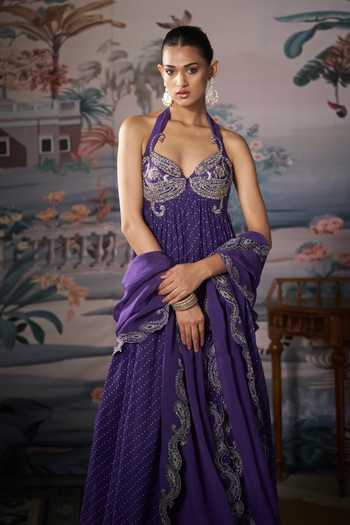 Shop_Amrta By Guneet Kondal_Purple Silk, Georgette Halter Neck Bandhani Print Anarkali With Dupatta _Online_at_Aza_Fashions