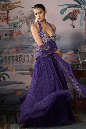 Amrta By Guneet Kondal_Purple Silk, Georgette Halter Neck Bandhani Print Anarkali With Dupatta _at_Aza_Fashions