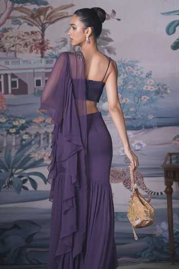 Shop_Amrta By Guneet Kondal_Purple Chiffon, Satin Sweetheart Neck Ruffle Pre-draped Saree With Blouse _at_Aza_Fashions