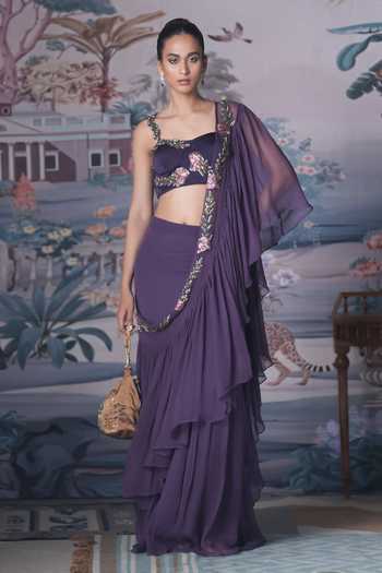 Amrta By Guneet Kondal_Purple Chiffon, Satin Sweetheart Neck Ruffle Pre-draped Saree With Blouse _Online_at_Aza_Fashions