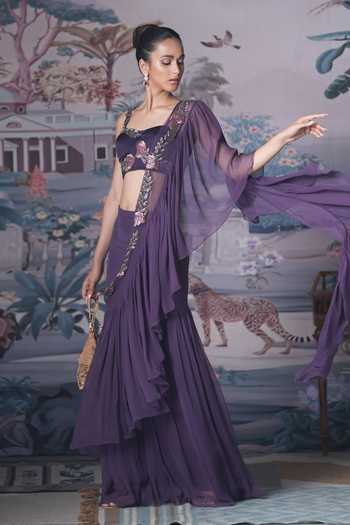 Amrta By Guneet Kondal_Purple Chiffon, Satin Sweetheart Neck Ruffle Pre-draped Saree With Blouse _at_Aza_Fashions