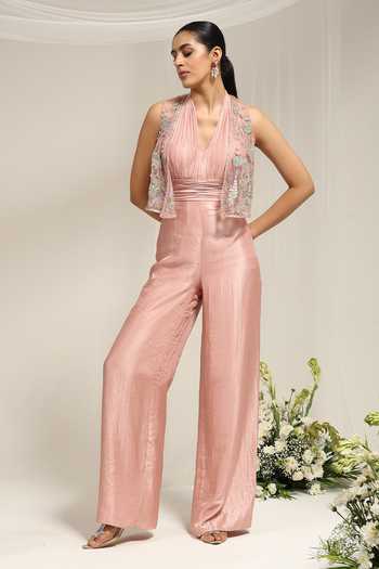 Buy_Amrta By Guneet Kondal_Pink Silk, Dupion Halter Neck, Bahara Embellished Overlay With Pleated Jumpsuit _Online_at_Aza_Fashions
