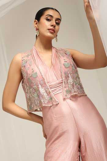 Amrta By Guneet Kondal_Pink Silk, Dupion Halter Neck, Bahara Embellished Overlay With Pleated Jumpsuit _at_Aza_Fashions