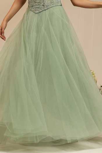 Amrta By Guneet Kondal_Green Chanderi, Tissue, Tulle Sequins, Hawaayein Embellished Corset And Skirt Set _Online_at_Aza_Fashions