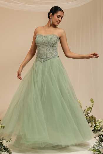 Buy_Amrta By Guneet Kondal_Green Chanderi, Tissue, Tulle Sequins, Hawaayein Embellished Corset And Skirt Set _Online_at_Aza_Fashions